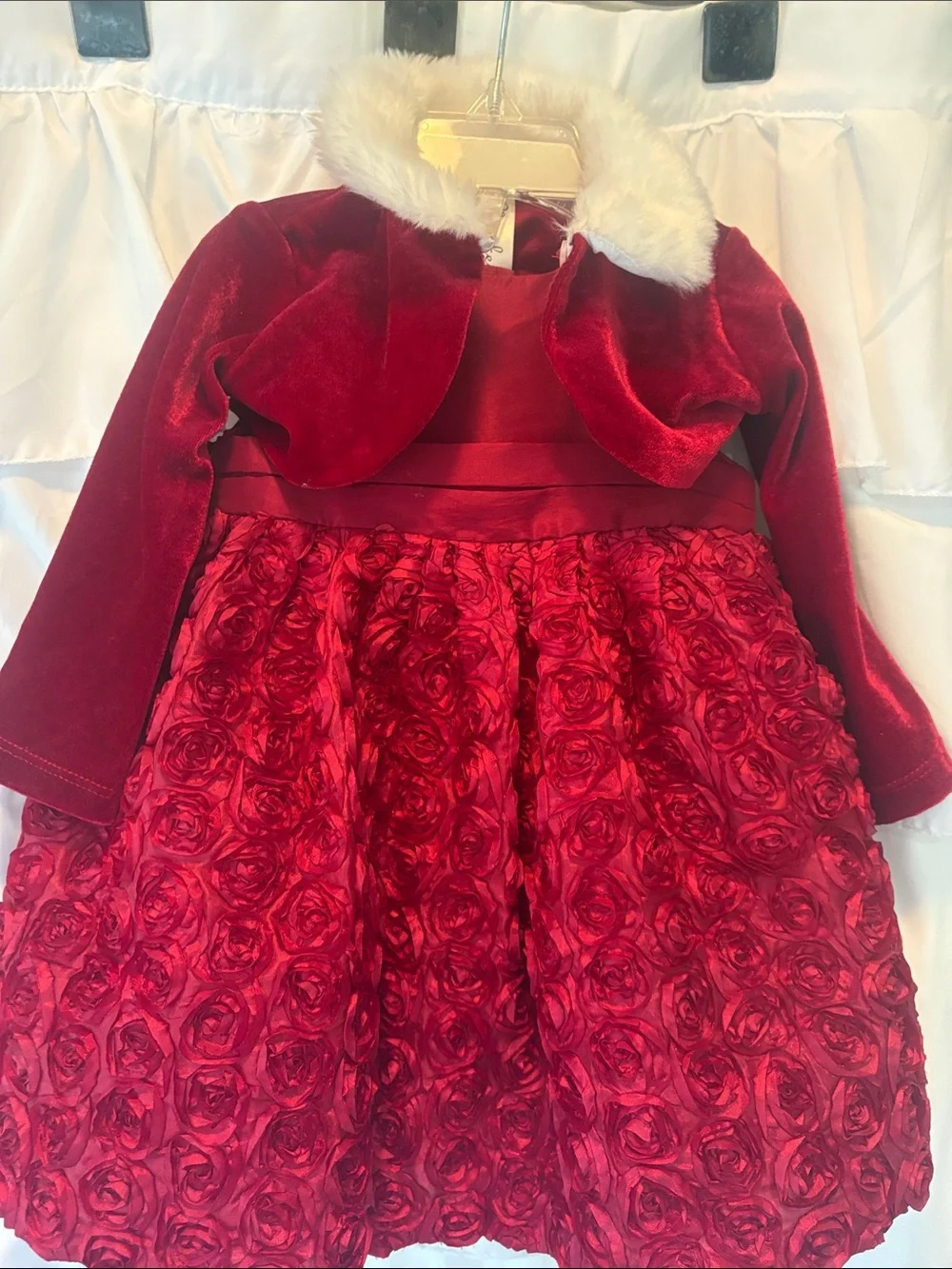 holiday dress with fur Cherokee Red Velvet Rosette Faux Collar shop--standard-display